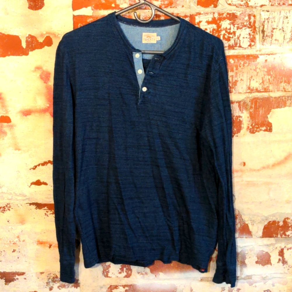 FAHERTY Men's Long Sleeve Henley Shirt Indigo dyed cotton Size Medium